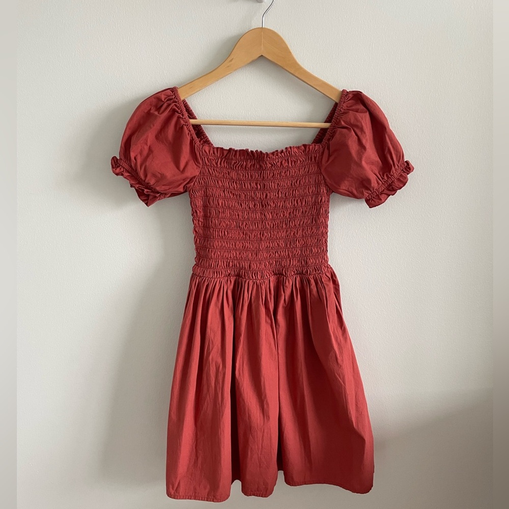 ASOS Terracotta Cotton Puff-Sleeve Smocked Mini Dress
